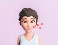 Portrait of a cute 3d girl giving a kiss with hearts