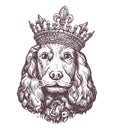 Portrait of cute Dog cocker spaniel with crown on his head. Pet animal, puppy sketch. Vintage vector illustration