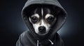 Portrait of cute dog in hoodie. Hoodie adds playfulness and comfort. Concept of animal, fashion, dog\'s clothing, fun, humor