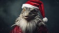 Portrait of cute dragon like lizard wearing a red Christmas hat on a dark background, 2024 eastern calendar simbol Royalty Free Stock Photo