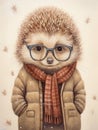 Illustration of a cute dwarf hedgehog dressed in a warm coat and scarf for the winter