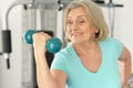 Portrait of cute elderly woman exercising in gym Royalty Free Stock Photo