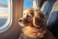 portrait of a cute fluffy ginger puppy looking out the airplane window Royalty Free Stock Photo