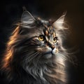 A Portrait of a cute fluffy tortoiseshell cat on a black background. Created with Generative AI