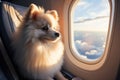 portrait of a cute fluffy white dog looking out the airplane window Royalty Free Stock Photo