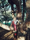 Funny little blonde Caucasian girl sitting on large wide tree branch at sunset