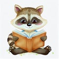 Portrait of a cute funny raccoon reading book, closeup, isolated on a white background. Illustration for little children Royalty Free Stock Photo