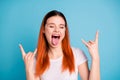 Portrait of cute funny teen teenager go enjoy rock concert feel content rejoice close eyes make faces candid scream yeah Royalty Free Stock Photo