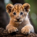 Portrait of a cute and funny wild lion cub looking at the camera Royalty Free Stock Photo