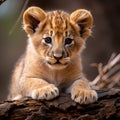 Portrait of a cute and funny wild lion cub looking at the camera resting on a tree in a natural habitat Royalty Free Stock Photo