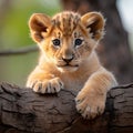 Portrait of a cute and funny wild lion cub looking at the camera Royalty Free Stock Photo