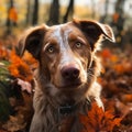 portrait of cute ginger dog among red fall leaves in autumn colors in the park walking dog generative ai Royalty Free Stock Photo