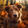 portrait of cute ginger dog among red fall leaves in autumn colors in the park walking dog generative ai Royalty Free Stock Photo