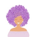 Portrait of a cute girl with hair of lilac flowers. Spring woman