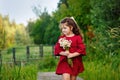 Portrait of a cute girl in a red dress holding a bouquet of white daisy flowers in her hands. A happy charming child with Royalty Free Stock Photo