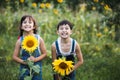 Portrait of cute girls hiding behind sunflowers