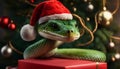 Portrait of a cute green tree snake in a red Christmas hat near a Christmas tree with gifts Royalty Free Stock Photo