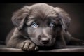 Portrait of cute grey puppy with blue eyes lying on sitting, created using generative ai technology