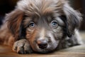 Portrait of cute grey puppy with blue eyes lying on wood, created using generative ai technology
