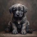 Portrait of cute grey puppy with blue eyes sitting, created using generative ai technology