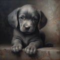 Portrait of cute grey puppy with blue eyes sitting, created using generative ai technology