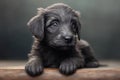 Portrait of cute grey puppy with dark eyes lying on wood, created using generative ai technology