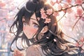 portrait of a cute happy anime girl with black long hair among pink sakura flowers Royalty Free Stock Photo