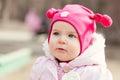 Portrait cute happy baby girl in hat in summer park, Royalty Free Stock Photo