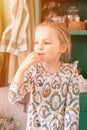 portrait cute happy candid caucasian little kid girl five years old with blue eyes in Royalty Free Stock Photo