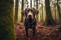 Portrait of cute happy chocalate labrador dog on the walking.