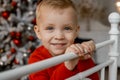 Portrait of a cute happy fair haired boy in red sweater looking at camera with pretty smile on Christmas tree background Royalty Free Stock Photo
