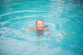 Portrait of cute happy little girl having fun in swimming pool. Kids sport on family summer vacation. Active healthy holiday Royalty Free Stock Photo