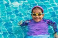 Portrait of a cute and healthy Asian child girl with goggles swimming in a swimming pool, smiling, eyes looking at the camera, Royalty Free Stock Photo