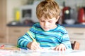 Portrait of cute healthy happy school kid boy at home making homework. Little child writing with colorful pencils Royalty Free Stock Photo