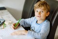 Portrait of cute healthy happy school kid boy at home making homework. Little child writing with colorful pencils Royalty Free Stock Photo