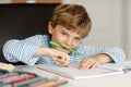 Portrait of cute healthy happy school kid boy at home making homework. Little child writing with colorful pencils Royalty Free Stock Photo