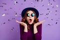 Portrait of cute impressed student screaming shouting isolated over purple violet background Royalty Free Stock Photo