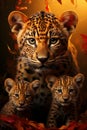 portrait of a cute leopardess and her cutest cubs