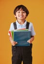 Portrait of a cute little asian boy wearing casual clothes while reading against an orange background. Happy and content Royalty Free Stock Photo