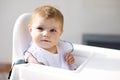 Portrait of cute little baby girl sitting in high chair and waiting for feeding Royalty Free Stock Photo