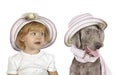 Portrait of a cute little blonde girl with a Wirehaired Slovakian pointer dog in the studio