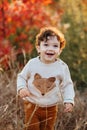 Portrait of cute little boy staying on the grass. Smiling child, curly hair toddler in autumn park