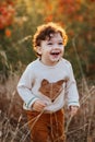 Portrait of cute little boy staying on the grass. Smiling child, curly hair toddler in autumn park Royalty Free Stock Photo