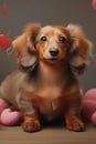 Portrait of cute little dachshund on gray background with hearts, red and longhaired wiener dog