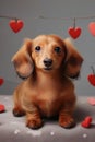 Portrait of cute little dachshund on gray background with hearts, red and longhaired wiener dog