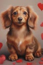 Portrait of cute little dachshund on gray background with hearts, red and longhaired wiener dog