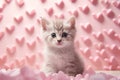 Portrait of a cute little domestic cat on a pink background with love hearts