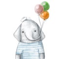 portrait of a cute little elephant with colored balloons, birthday illustration with funny cartoon character