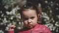 Portrait of cute little girl among the branches of blossoming tree in spring Royalty Free Stock Photo