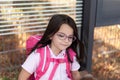 Portrait of a cute little girl with glasses and a pink backpack Royalty Free Stock Photo